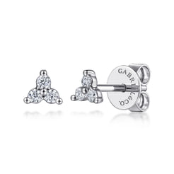 14K White Gold Three Diamond Cluster Stud Earrings