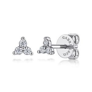 14K White Gold Three Diamond Cluster Stud Earrings