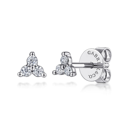 14K White Gold Three Diamond Cluster Stud Earrings