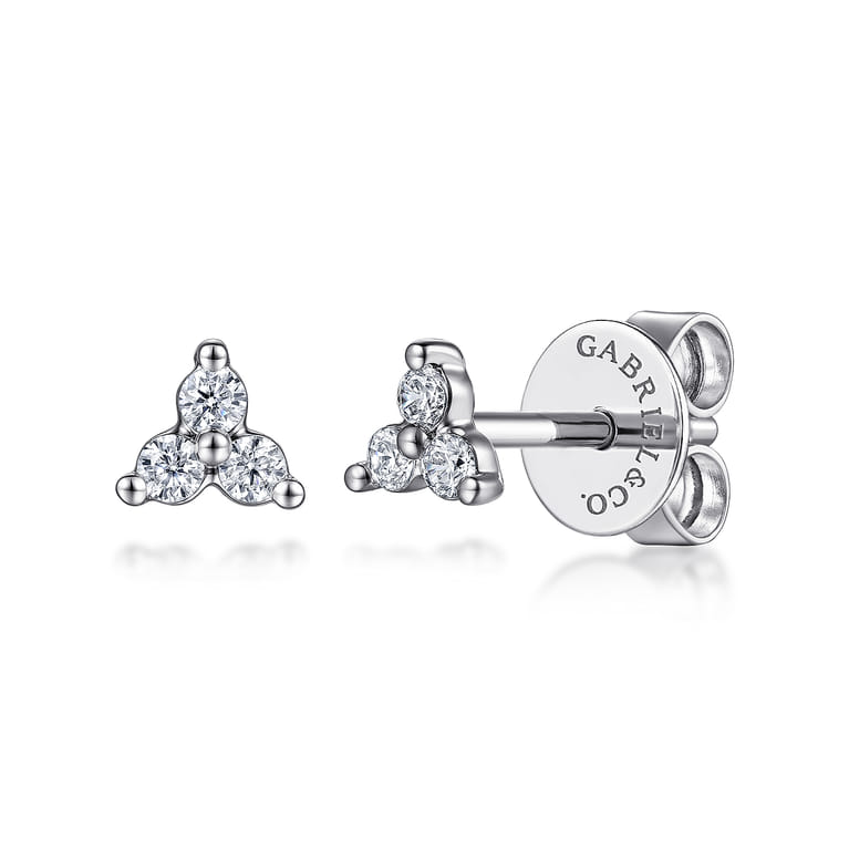 14K White Gold Three Diamond Cluster Stud Earrings - 0.1 ct - Shot 1