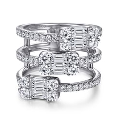 14K White Gold Three Row Baguette and Round Diamond Station Ring