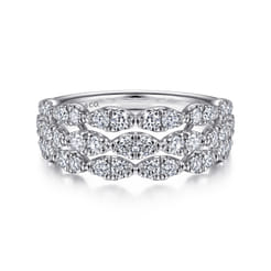 14K White Gold Three Row Cluster Diamond Station Ring