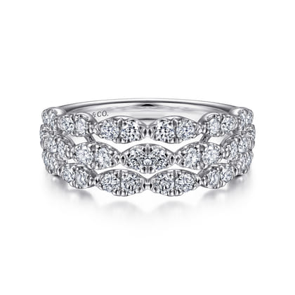 14K White Gold Three Row Cluster Diamond Station Ring