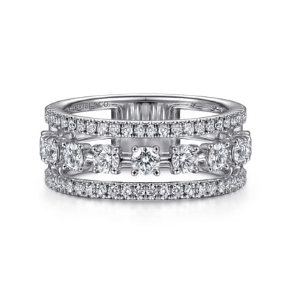 14K White Gold Three Row Diamond Station Ring