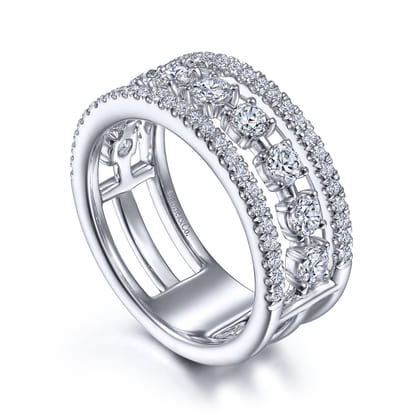 14K White Gold Three Row Diamond Station Ring