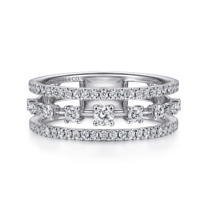 14K White Gold Three Row Diamond Station Ring