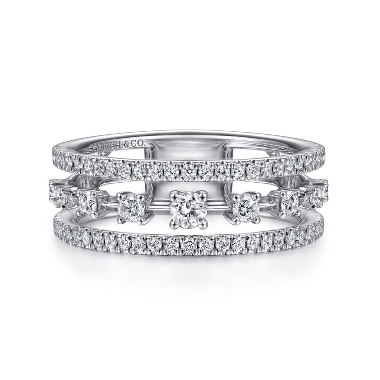 14K White Gold Three Row Diamond Station Ring - 0.5 ct - Shot 1