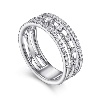 14K White Gold Three Row Diamond Station Ring