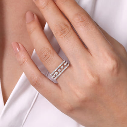 14K White Gold Three Row Diamond Station Ring