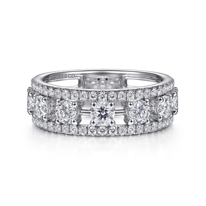 14K White Gold Three Row Diamond Station Wide Band Ring