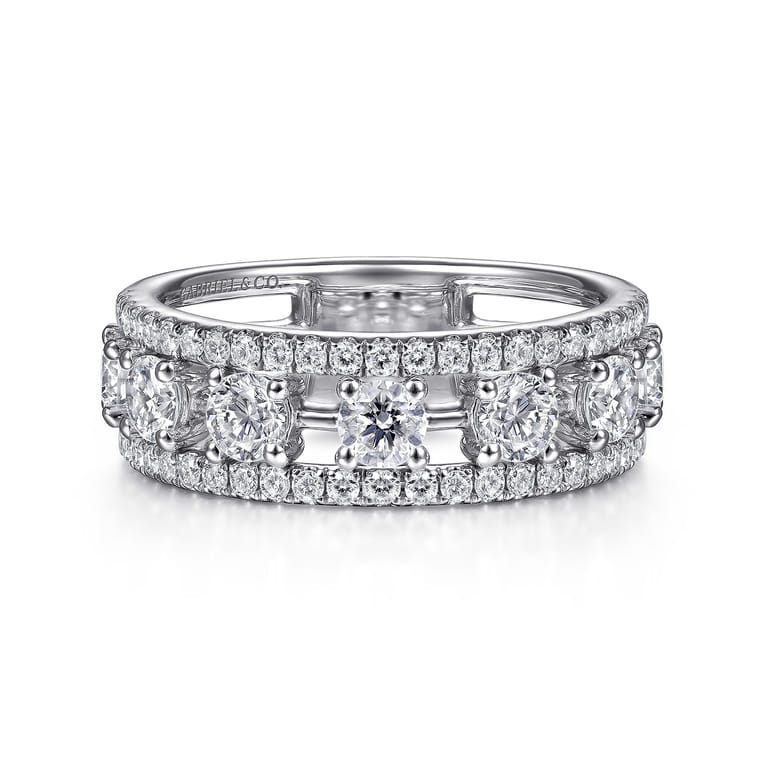 14K White Gold Three Row Diamond Station Wide Band Ring - 1.3 ct - Shot 1