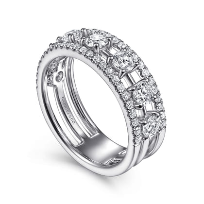 14K White Gold Three Row Diamond Station Wide Band Ring