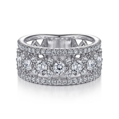 14K White Gold Three Row Diamond Wide Band Ring