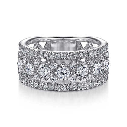 14K White Gold Three Row Diamond Wide Band Ring