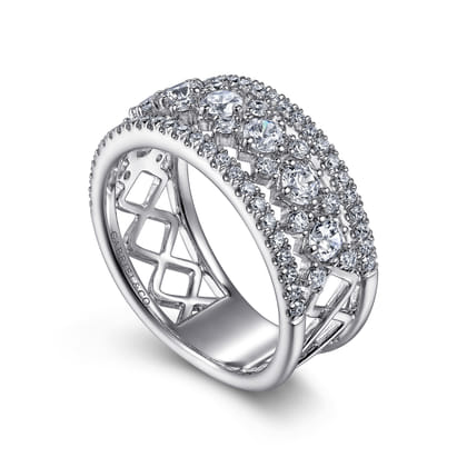 14K White Gold Three Row Diamond Wide Band Ring