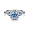 14K White Gold Three Stone Blue Topaz and Diamond Halo Ring - 0.22 ct