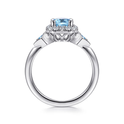 14K White Gold Three Stone Blue Topaz and Diamond Halo Ring
