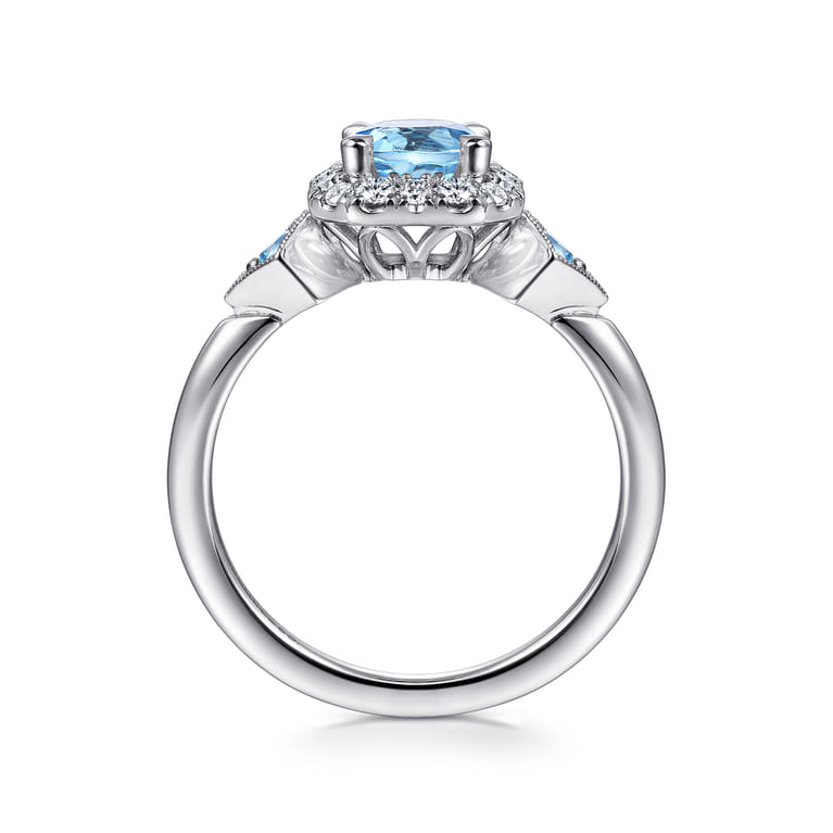 14K White Gold Three Stone Blue Topaz and Diamond Halo Ring - 0.22 ct - Shot 2