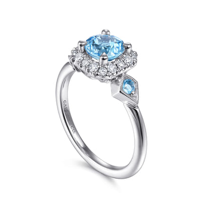 14K White Gold Three Stone Blue Topaz and Diamond Halo Ring