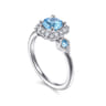 14K White Gold Three Stone Blue Topaz and Diamond Halo Ring - 0.22 ct