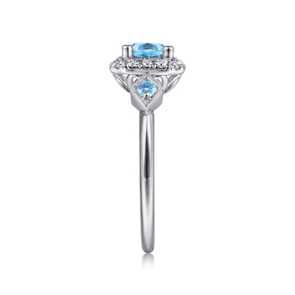 14K White Gold Three Stone Blue Topaz and Diamond Halo Ring