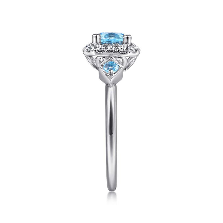 14K White Gold Three Stone Blue Topaz and Diamond Halo Ring - 0.22 ct - Shot 4
