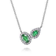 14K White Gold Toi et Moi Emerald and Diamond Halo Necklace
