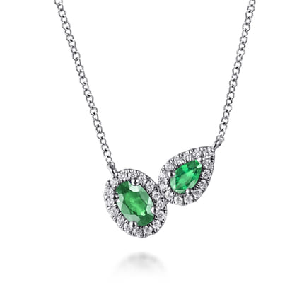 14K White Gold Toi et Moi Emerald and Diamond Halo Necklace
