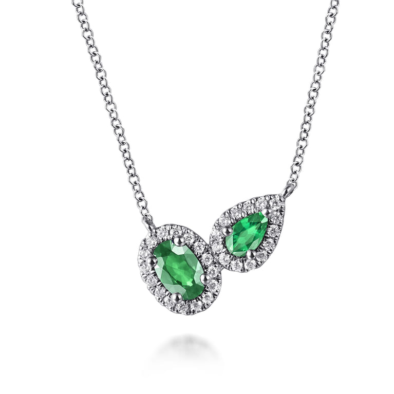 14K White Gold Toi et Moi Emerald and Diamond Halo Necklace - 0.18 ct - Shot 1