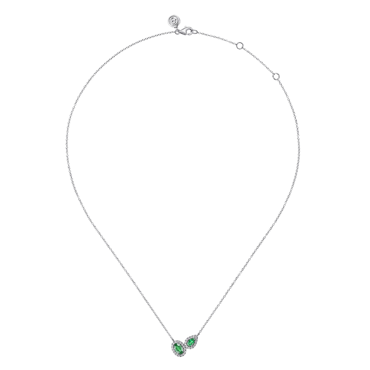 14K White Gold Toi et Moi Emerald and Diamond Halo Necklace