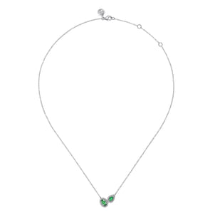 14K White Gold Toi et Moi Emerald and Diamond Halo Necklace