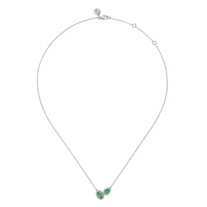 14K White Gold Toi et Moi Emerald and Diamond Halo Necklace