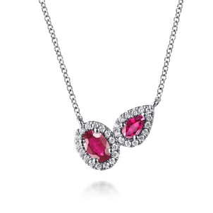 14K White Gold Toi et Moi Ruby and Diamond Halo Necklace