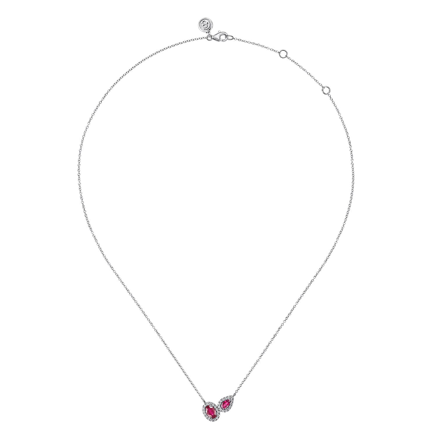 14K White Gold Toi et Moi Ruby and Diamond Halo Necklace