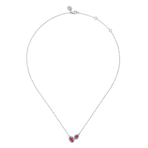 14K White Gold Toi et Moi Ruby and Diamond Halo Necklace