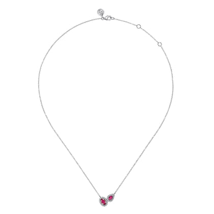 14K White Gold Toi et Moi Ruby and Diamond Halo Necklace