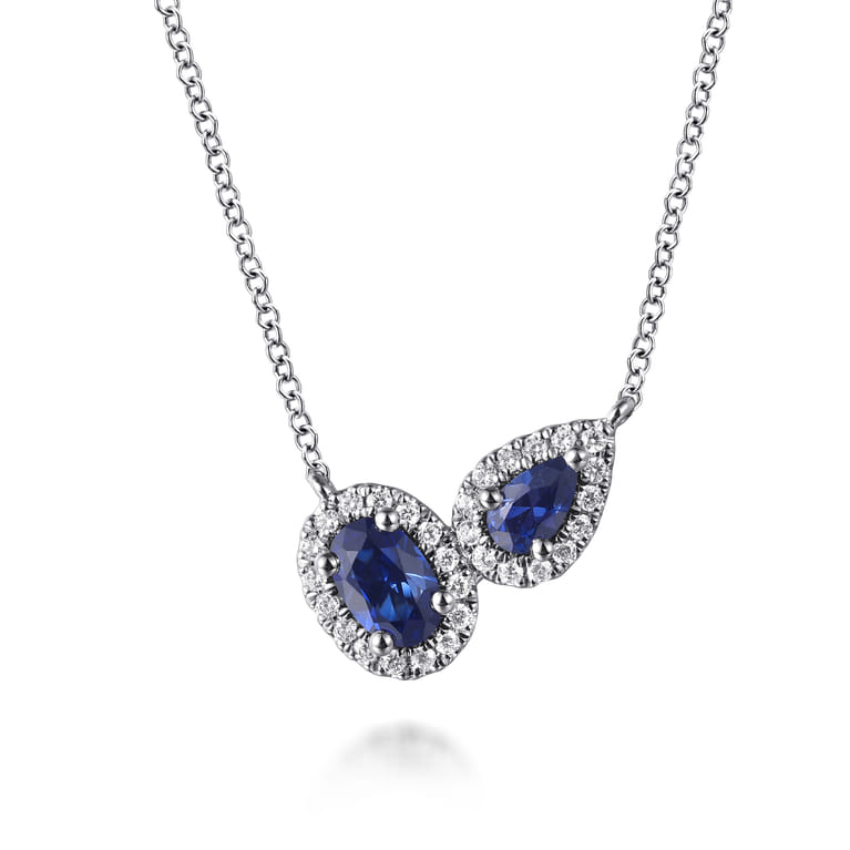 14K White Gold Toi et Moi Sapphire and Diamond Halo Necklace - 0.18 ct - Shot 1