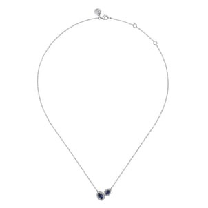 14K White Gold Toi et Moi Sapphire and Diamond Halo Necklace