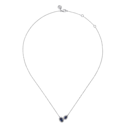 14K White Gold Toi et Moi Sapphire and Diamond Halo Necklace