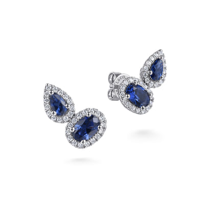 14K White Gold Toi et Moi Sapphire and Diamond Halo Stud Earrings