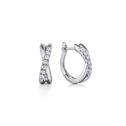 14K White Gold Twisted 15mm Diamond Huggie Earrings