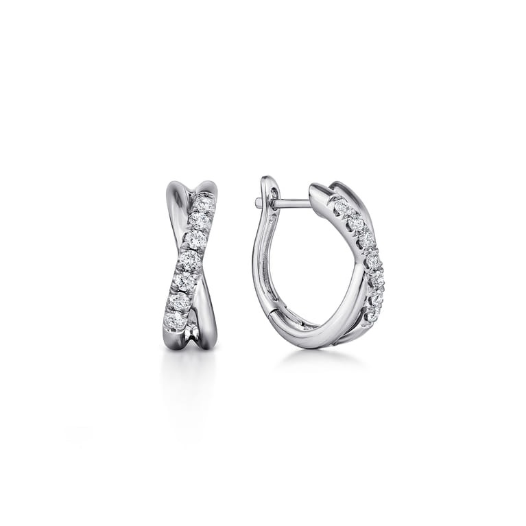 14K White Gold Twisted 15mm Diamond Huggie Earrings - 0.21 ct - Shot 1