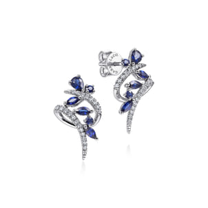 14K White Gold Twisted Abstract Sapphire and Diamond Stud Earrings
