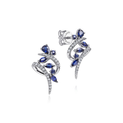 14K White Gold Twisted Abstract Sapphire and Diamond Stud Earrings