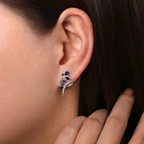14K White Gold Twisted Abstract Sapphire and Diamond Stud Earrings - 0.24 ct - Shot 2