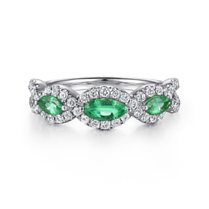 14K White Gold Twisted Diamond Rows and Emerald Marquise Stones Ring