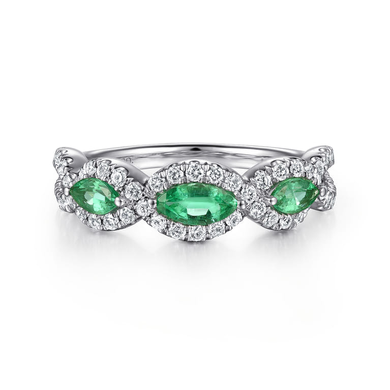 14K White Gold Twisted Diamond Rows and Emerald Marquise Stones Ring - 0.5 ct - Shot 1