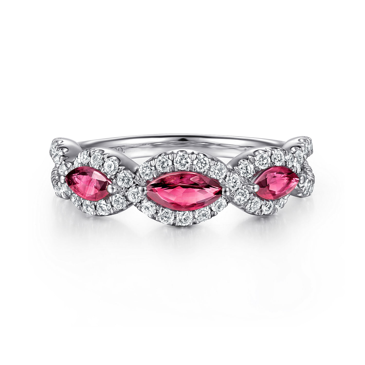 14K White Gold Twisted Diamond Rows and Ruby Marquise Stones Ring