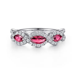 14K White Gold Twisted Diamond Rows and Ruby Marquise Stones Ring