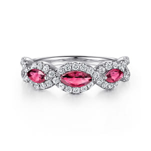 14K White Gold Twisted Diamond Rows and Ruby Marquise Stones Ring